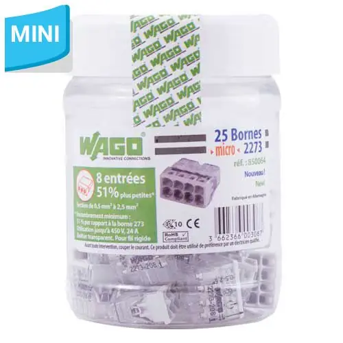WAGO S2273 25 mini bornes de connexion rapide 8 entrées pour fils rigides - 2273-208 Acheter En Ligne